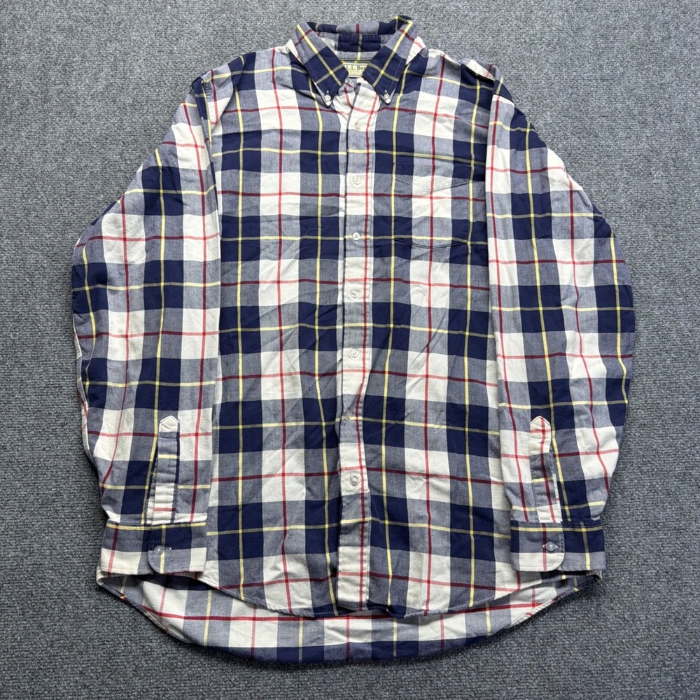 Vintage LL Bean Plaid Flannel Shirt Mens XL Tall Navy Blue White Made in USA